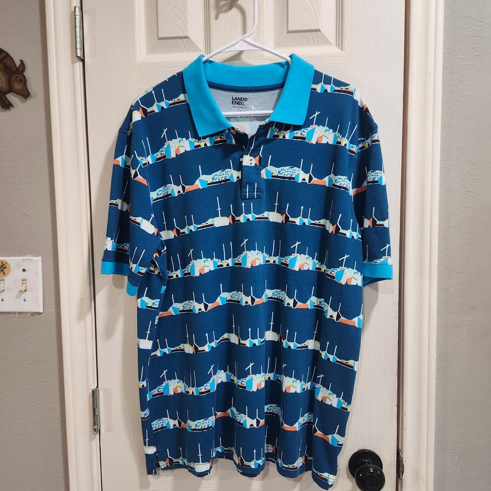 Lands End Mens XL Traditional Fit Sailboat Print Polo Shirt Blue Pique Knit